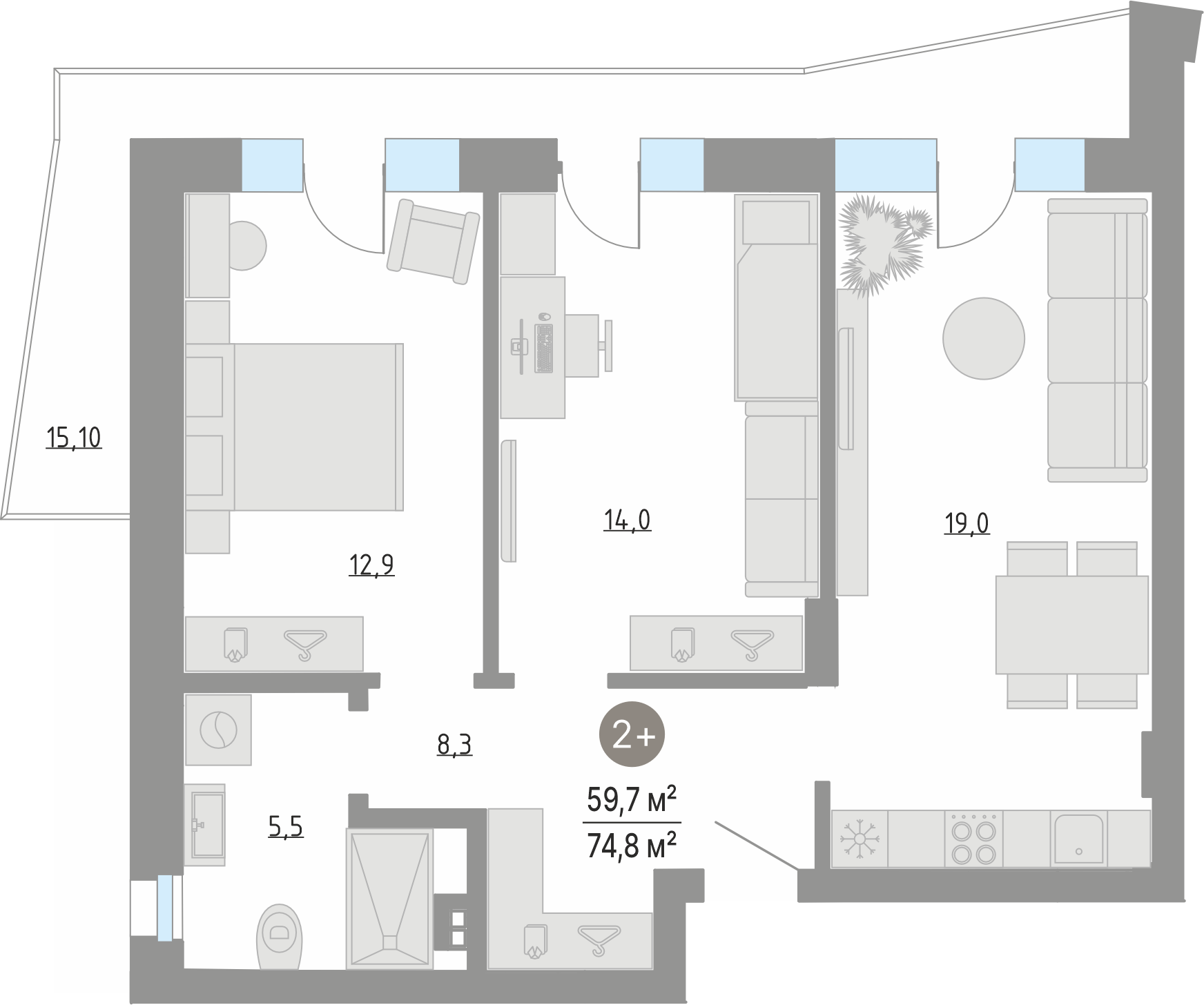 Планировка: Евротрешка 59.7 м² в ЖК Кипрея, Область