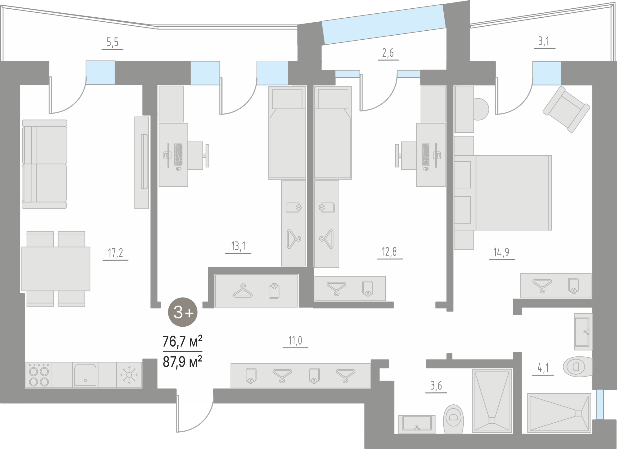 Планировка: 4-комнатная евро 76.7 м² в ЖК Кипрея, Область