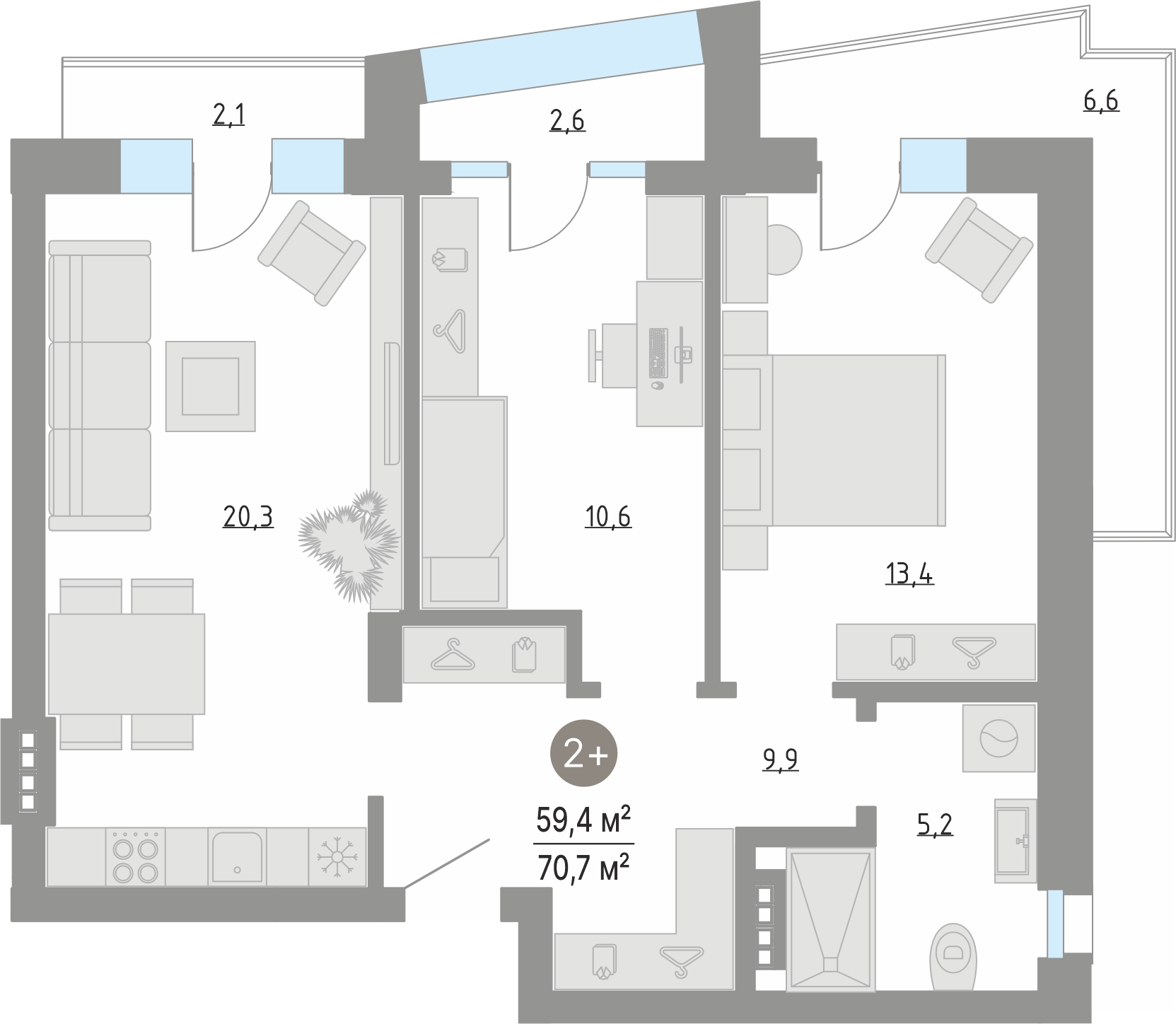 Планировка: Евротрешка 59.4 м² в ЖК Кипрея, Область