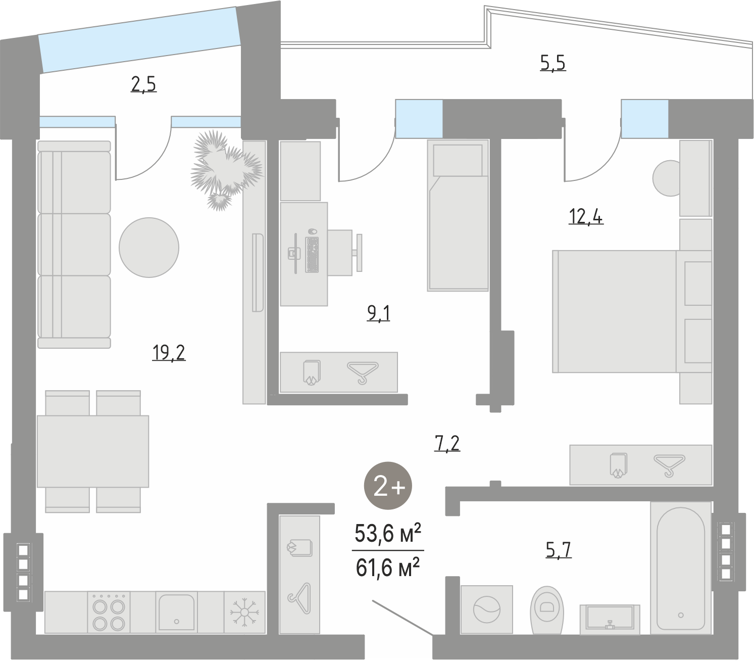 Планировка: Евротрешка 53.6 м² в ЖК Кипрея, Область