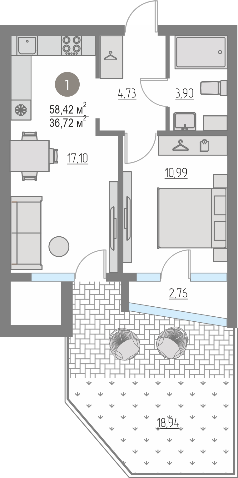 Планировка: Евродвушка 58.4 м² в ЖК Кипрея, Область