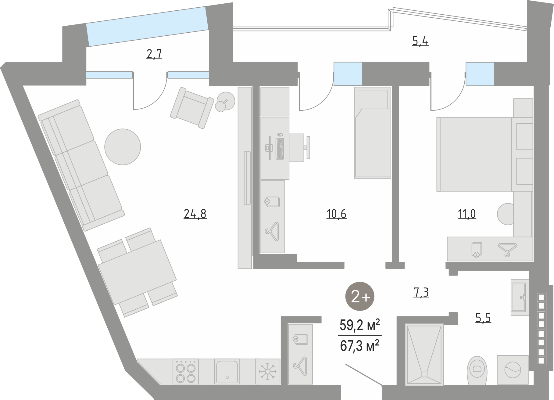 Планировка: Евротрешка 59.2 м² в ЖК Кипрея, Область