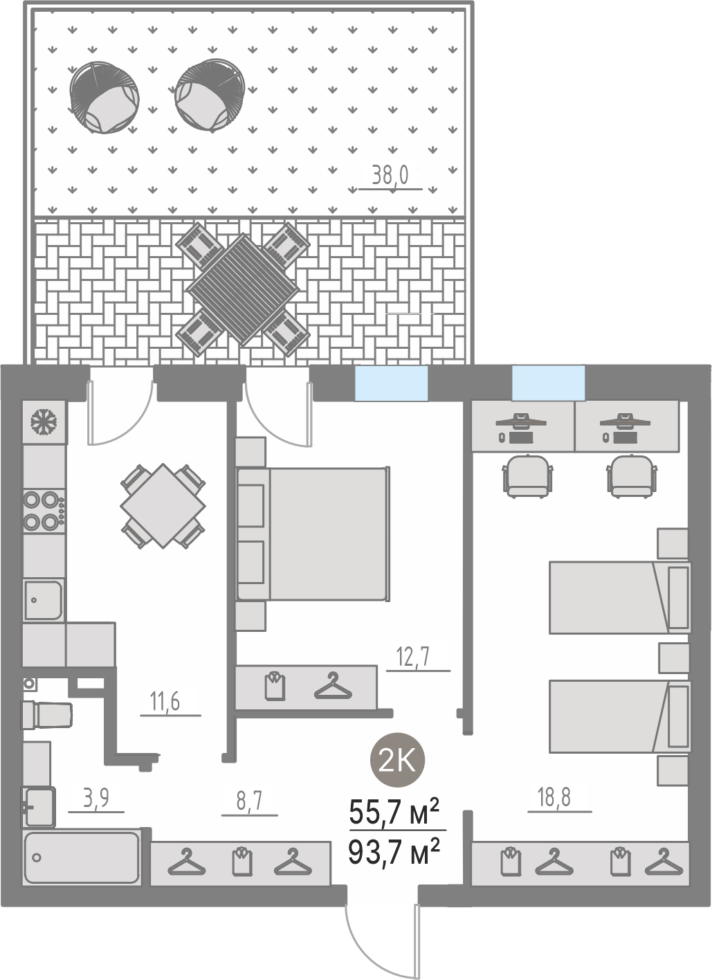 Планировка: 2-комнатная 55.7 м² в ЖК Кипрея, Область