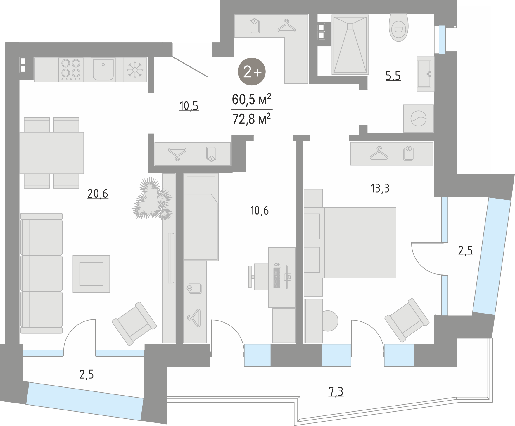 Планировка: Евротрешка 60.5 м² в ЖК Кипрея, Область