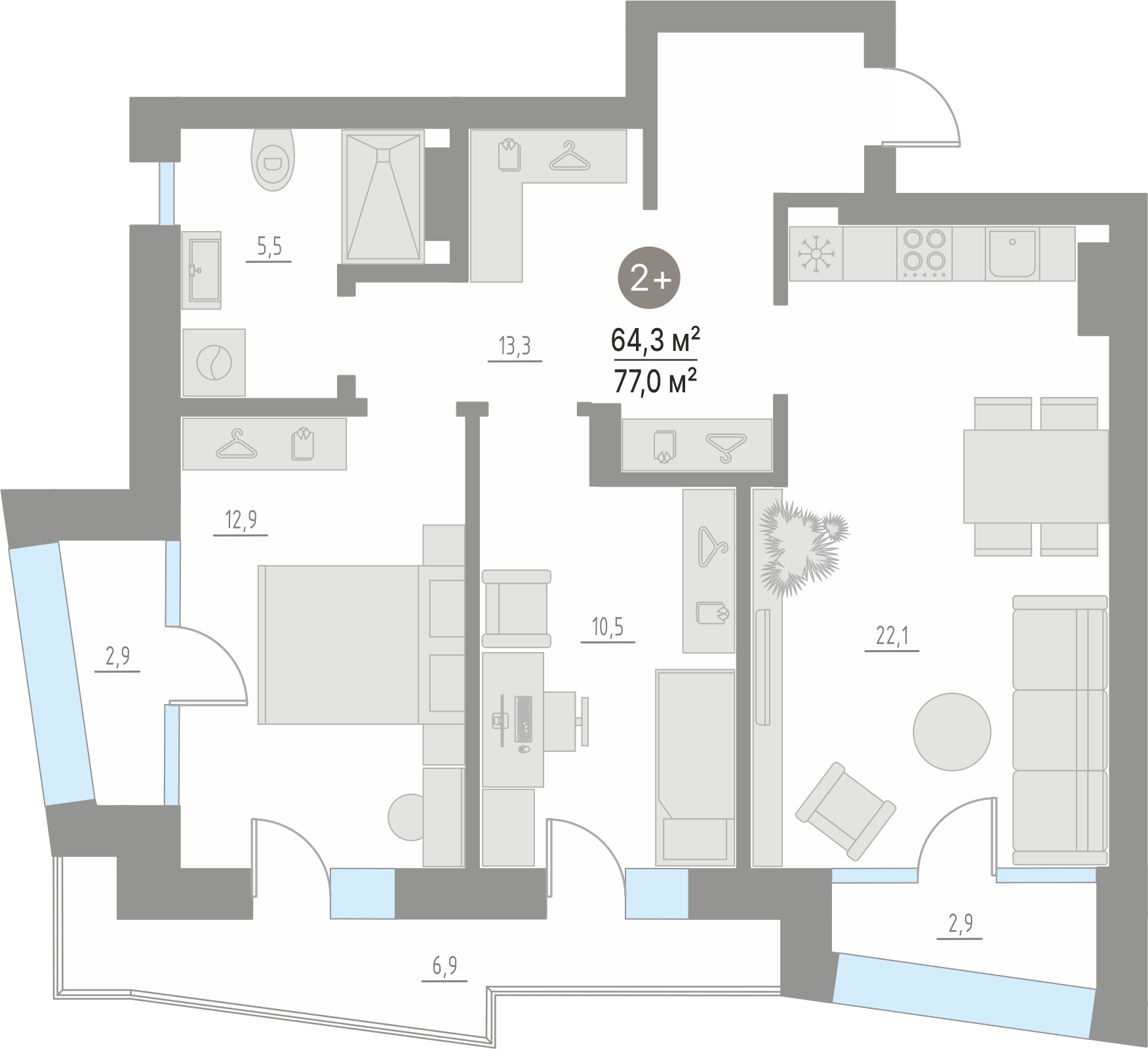 Планировка: Евротрешка 64.3 м² в ЖК Кипрея, Область
