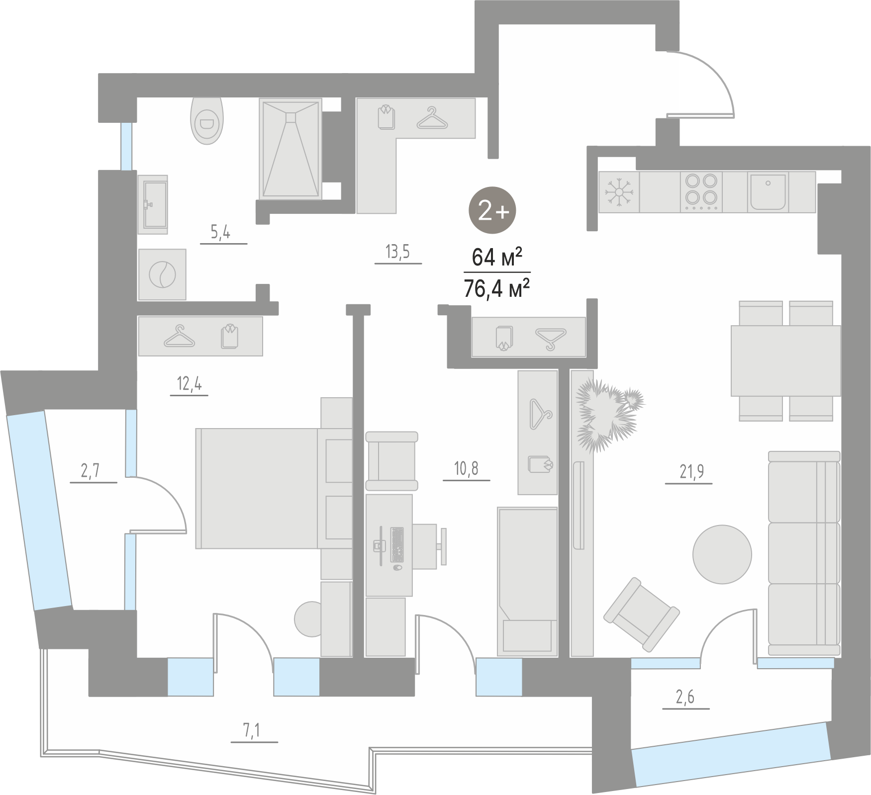 Планировка: Евротрешка 64 м² в ЖК Кипрея, Область