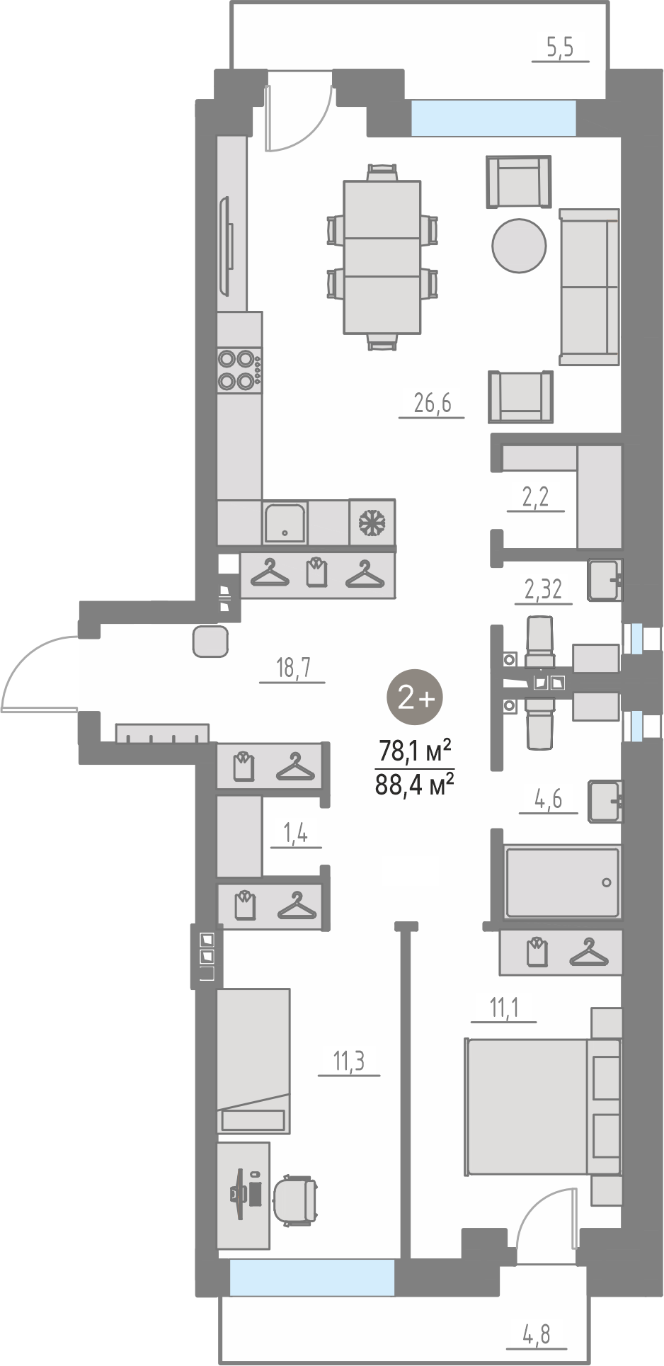 Планировка: Евротрешка 78.1 м² в ЖК Кипрея, Область