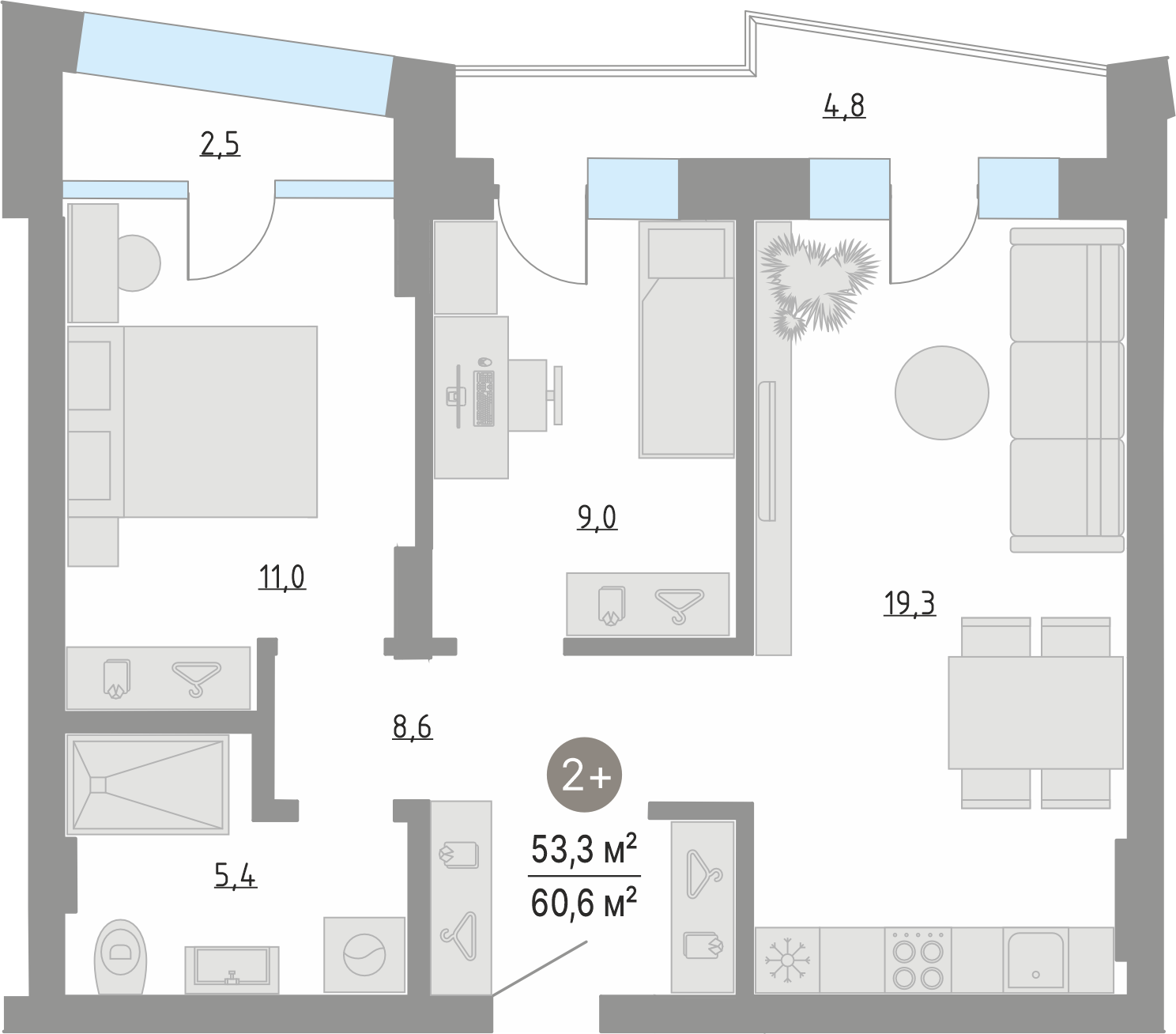 Планировка: Евротрешка 53.3 м² в ЖК Кипрея, Область