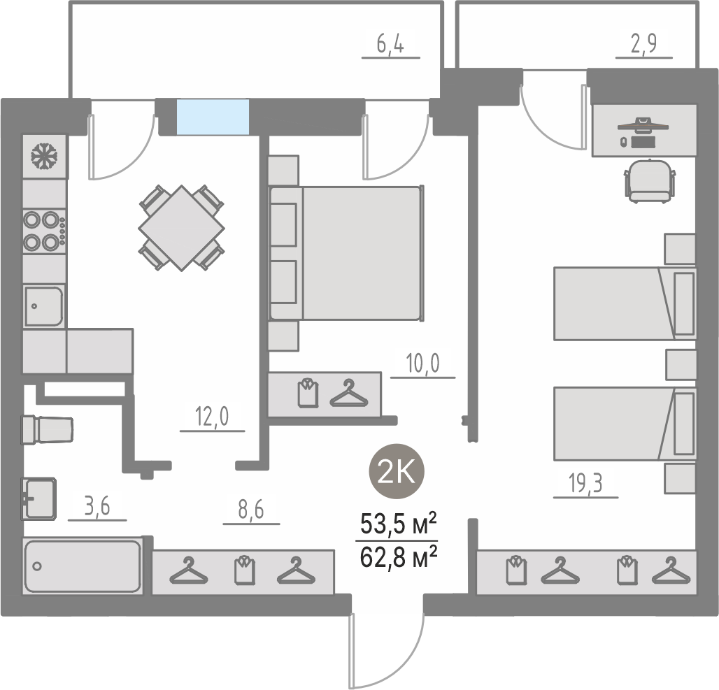Планировка: 2-комнатная 53.5 м² в ЖК Кипрея, Область